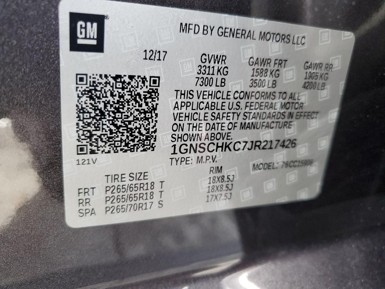 1GNSCHKC7JR217426 CHEVROLET SUBURBAN 2018