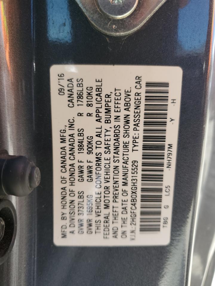 2HGFC4B0XGH315529 HONDA CIVIC 2016