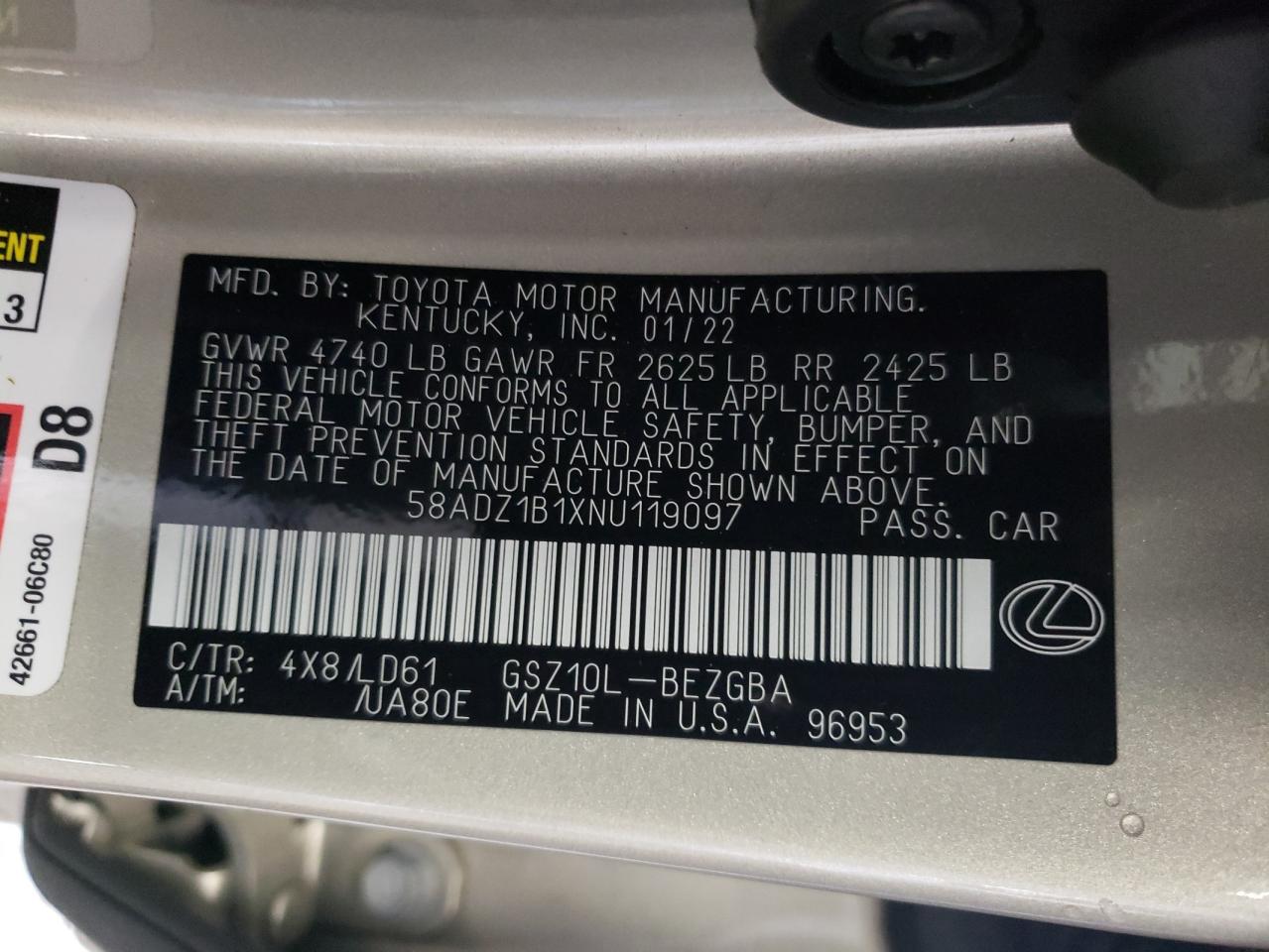 58ADZ1B1XNU119097 LEXUS ES350 2022