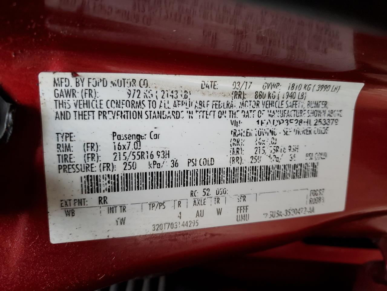 1FADP3F28HL253879 FORD FOCUS 2017