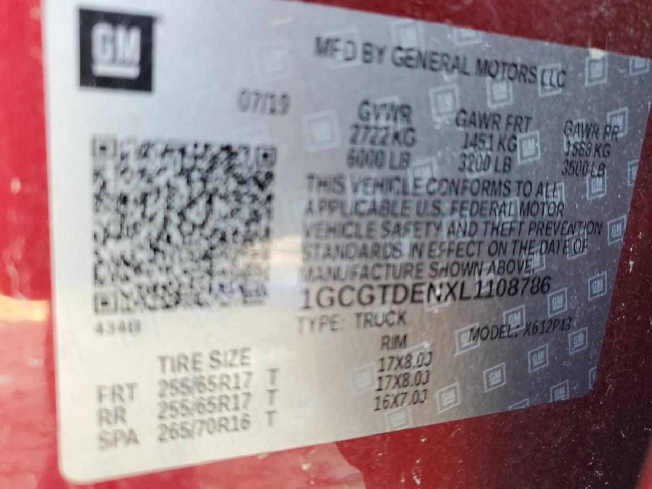 1GCGTDENXL1108786 CHEVROLET COLORADO 2020