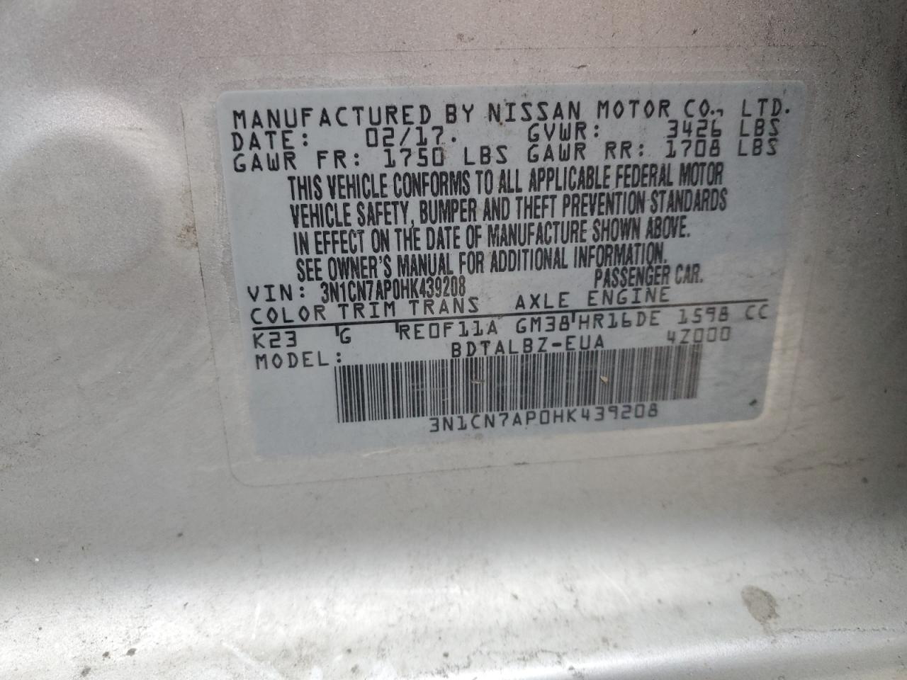 3N1CN7AP0HK439208 NISSAN VERSA 2017