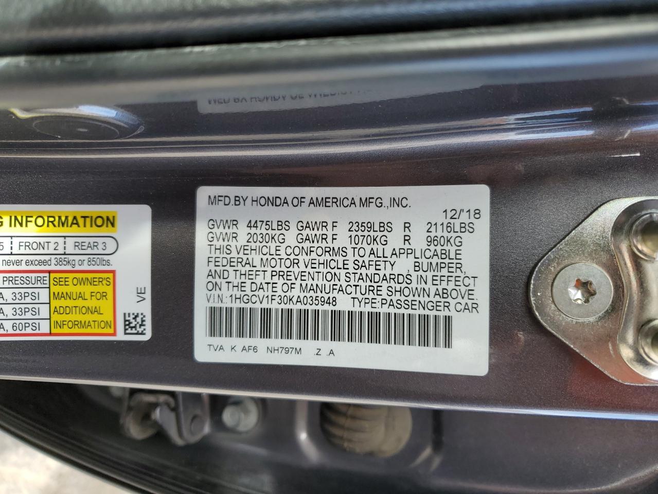 1HGCV1F30KA035948 HONDA ACCORD 2019