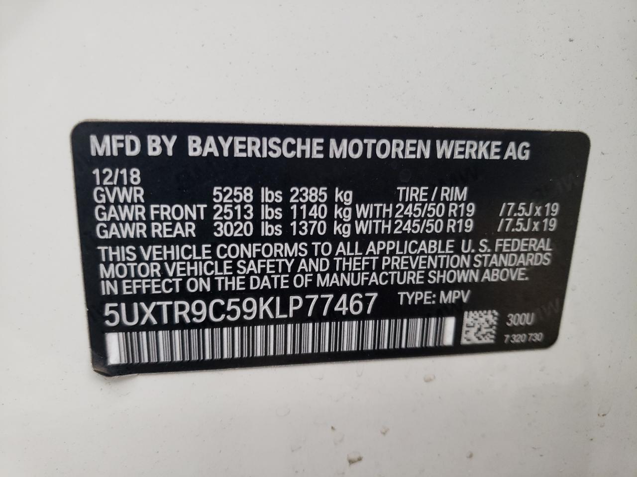 5UXTR9C59KLP77467 2019 BMW X3 xDrive30I