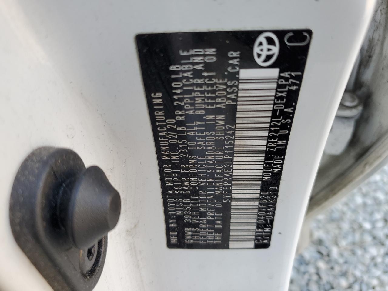 5YFEPRAE2LP115242 TOYOTA COROLLA 2020