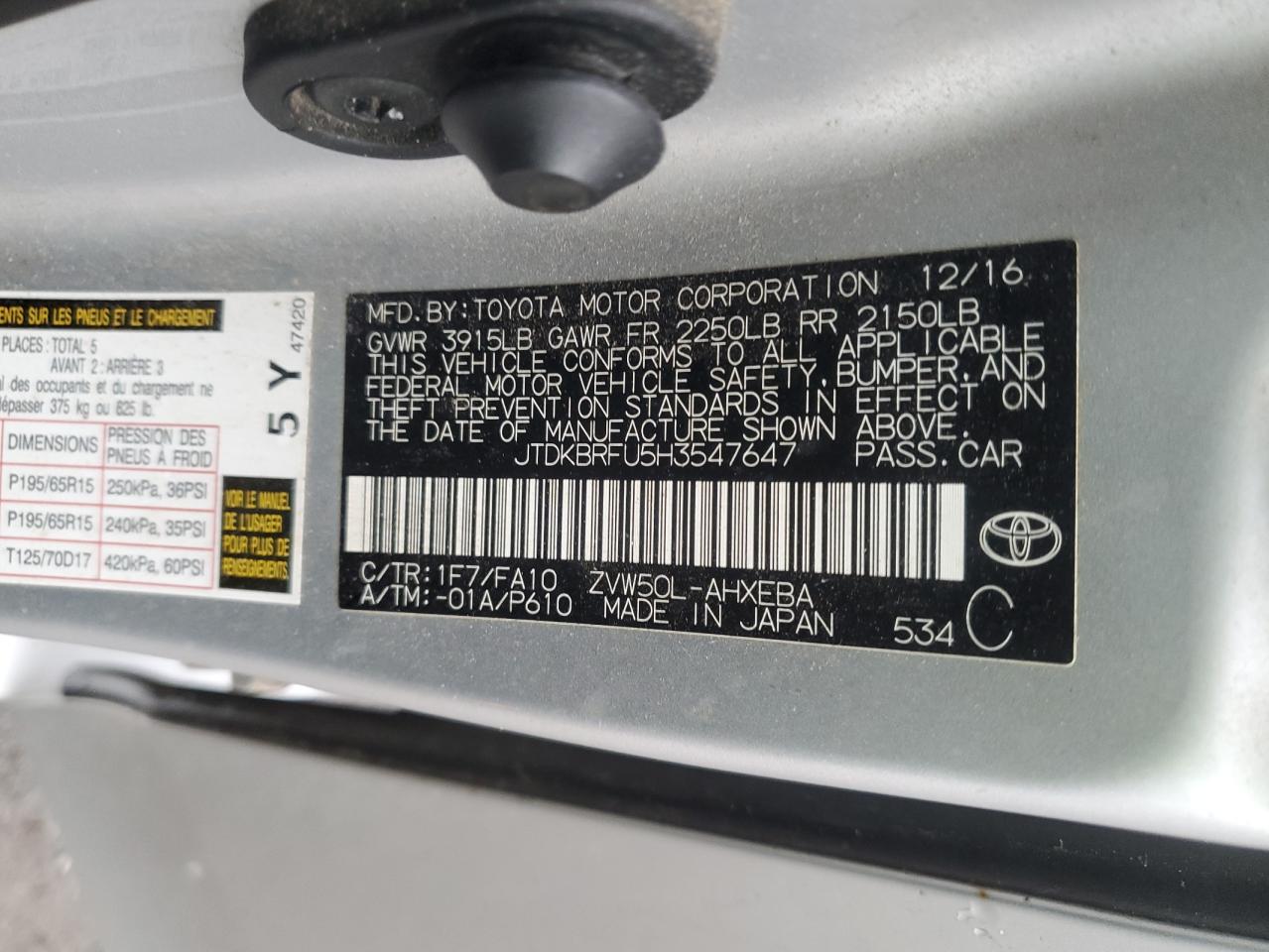 JTDKBRFU5H3547647 TOYOTA PRIUS 2017