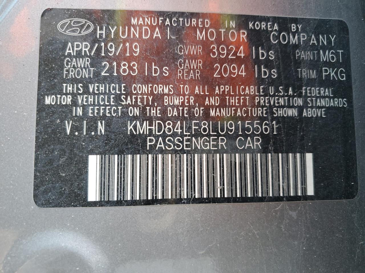 2020 Hyundai Elantra Sel vin: KMHD84LF8LU915561