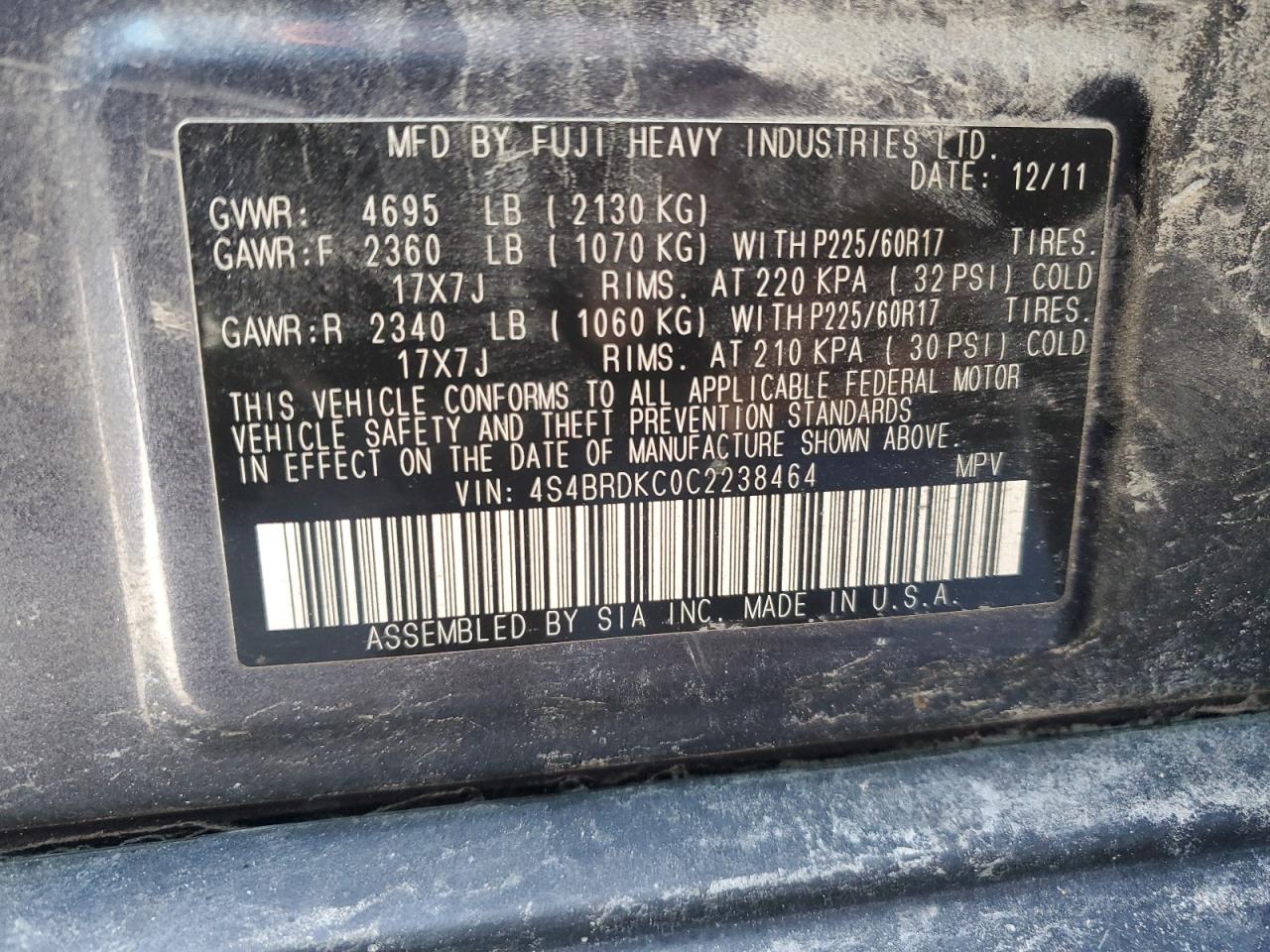 4S4BRDKC0C2238464 2012 Subaru Outback 3.6R Limited