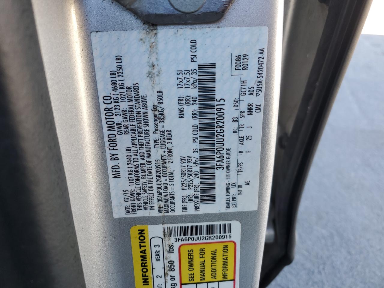 3FA6P0UU2GR200915 FORD FUSION 2016