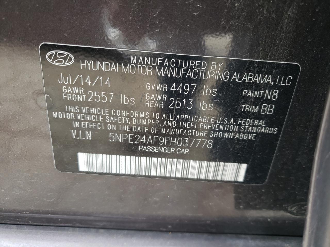 2015 Hyundai Sonata Se vin: 5NPE24AF9FH037778