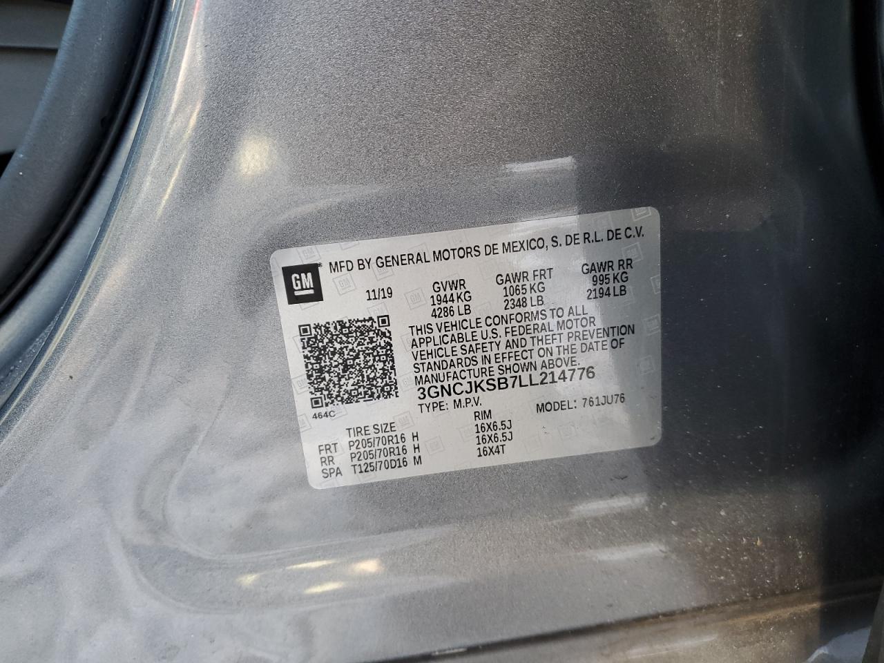 3GNCJKSB7LL214776 CHEVROLET TRAX 2020