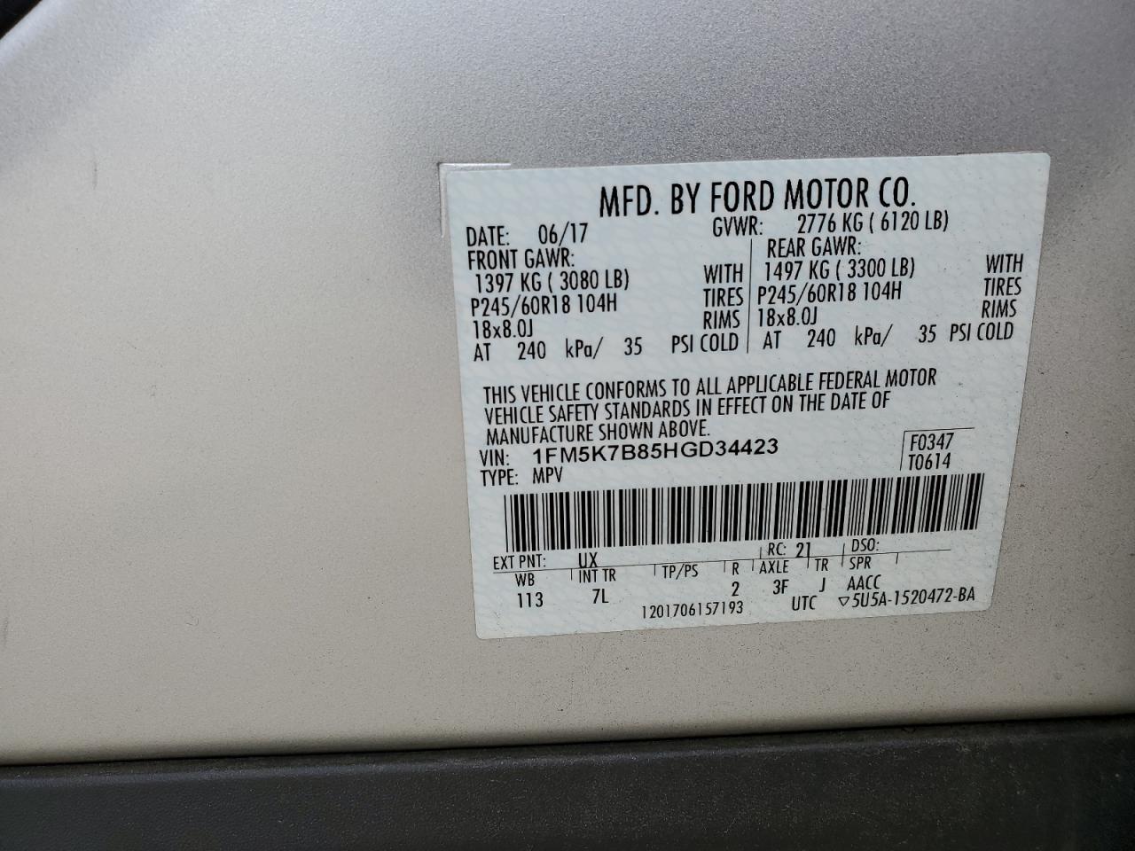1FM5K7B85HGD34423 FORD EXPLORER 2017