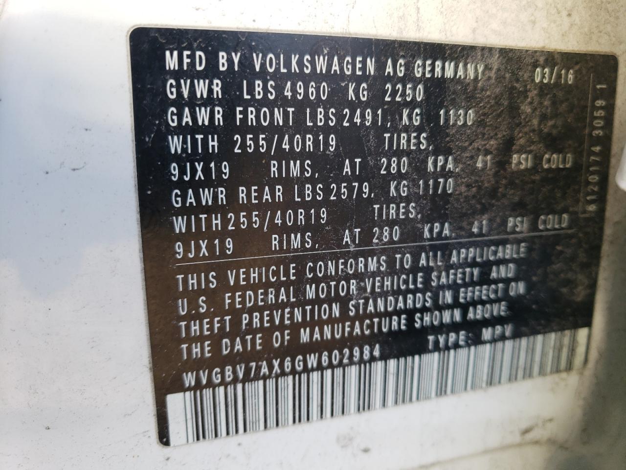 WVGBV7AX6GW602984 VOLKSWAGEN TIGUAN 2016