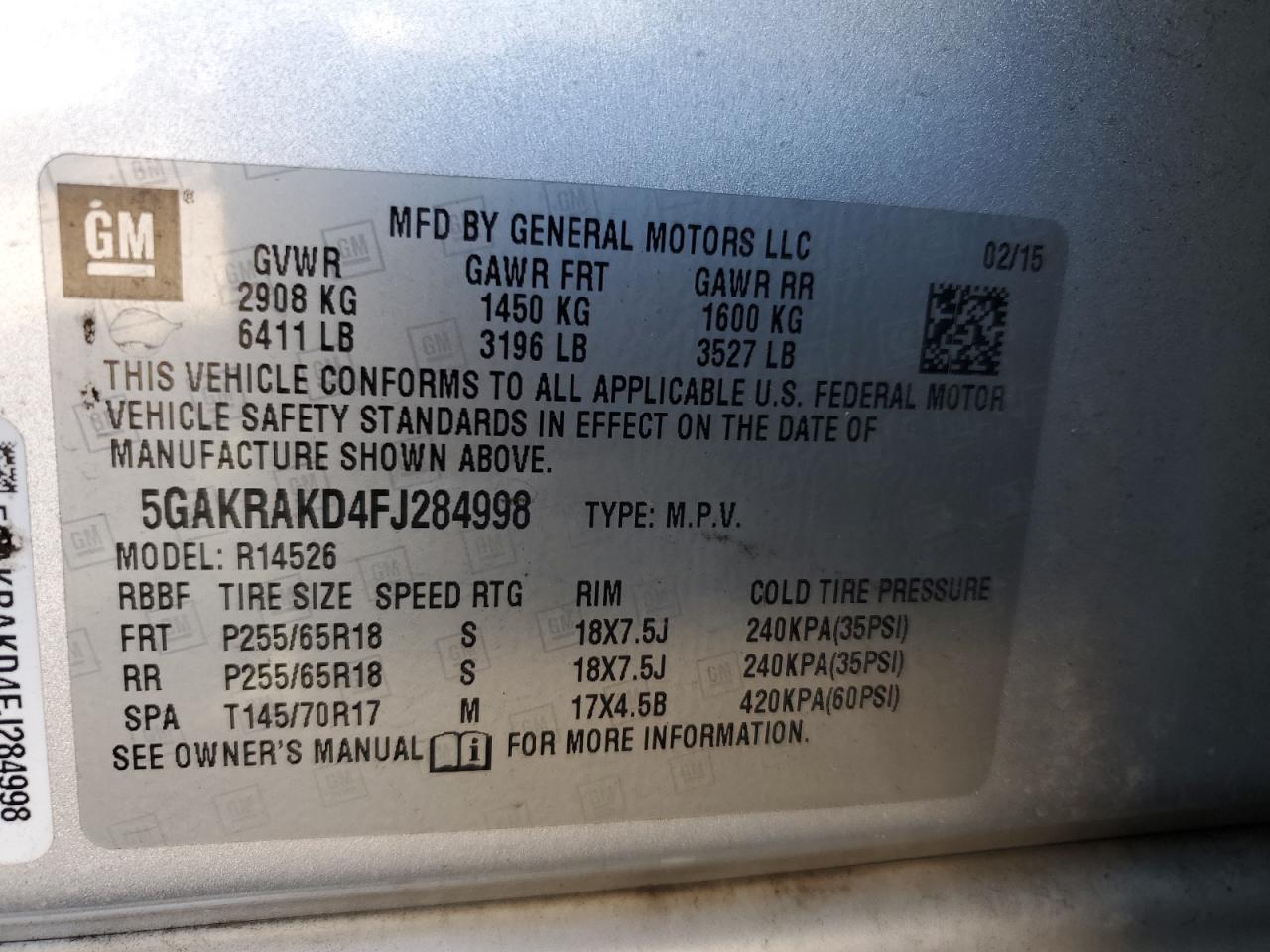 5GAKRAKD4FJ284998 2015 Buick Enclave