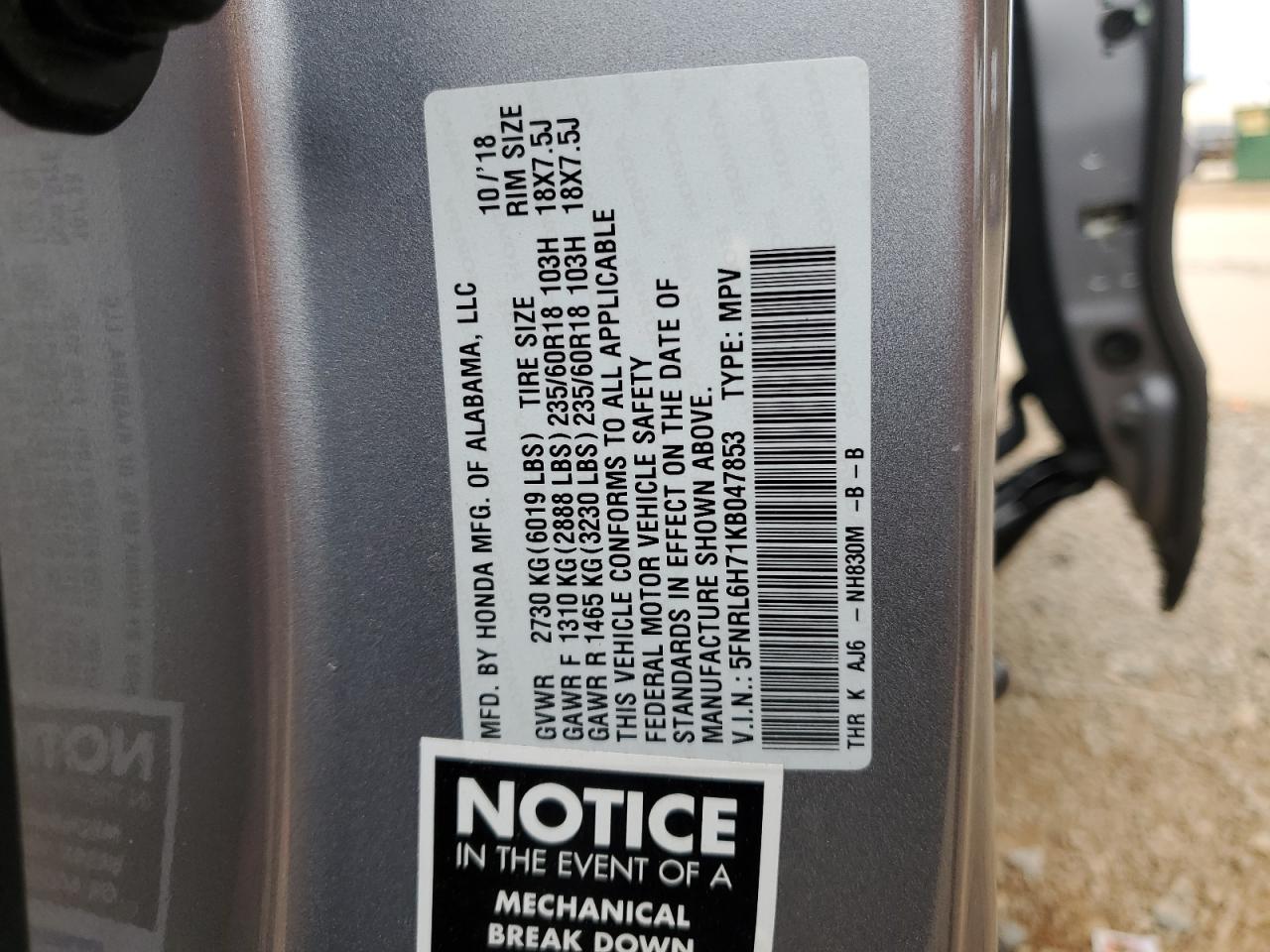 5FNRL6H71KB047853 2019 Honda Odyssey Exl