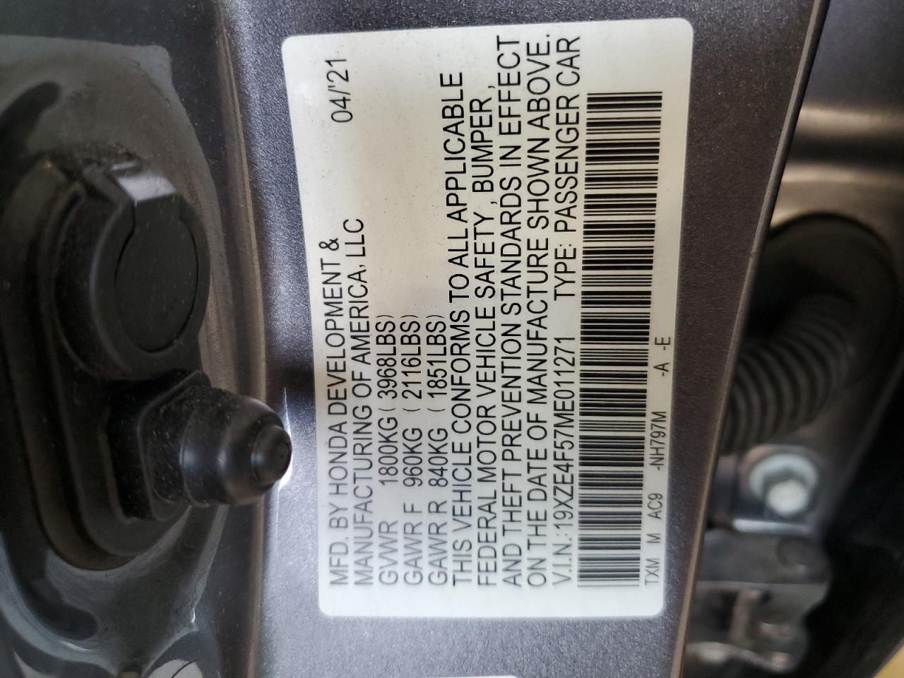 19XZE4F57ME011271 2021 Honda Insight Ex