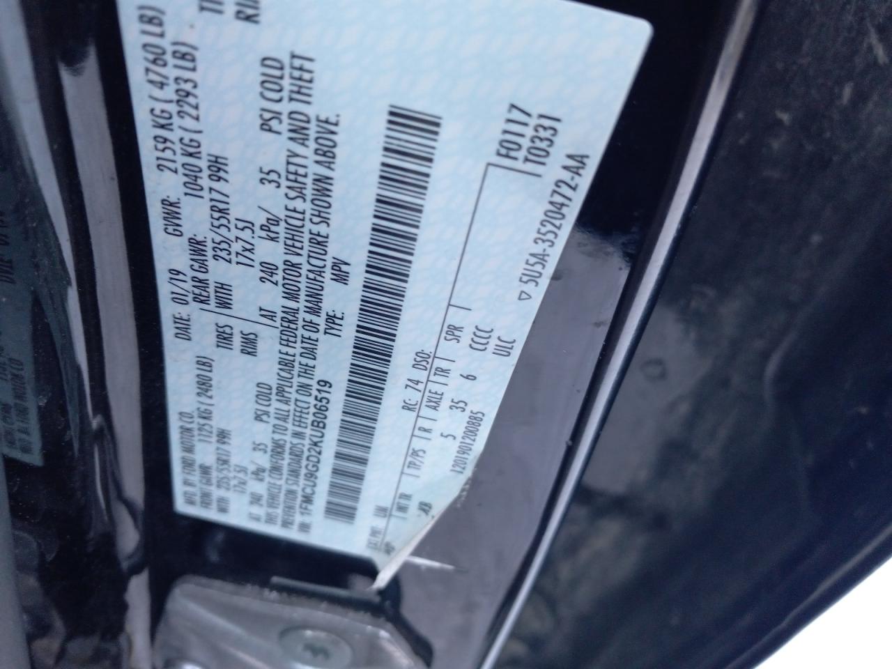 1FMCU9GD2KUB06519 FORD ESCAPE 2019