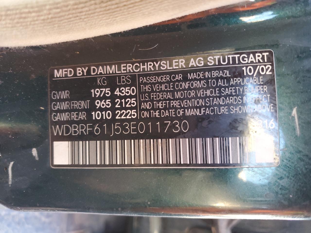 wdbrf61j53e011730 WDBRF61J53E011730 2003 Mercedes-Benz C 240