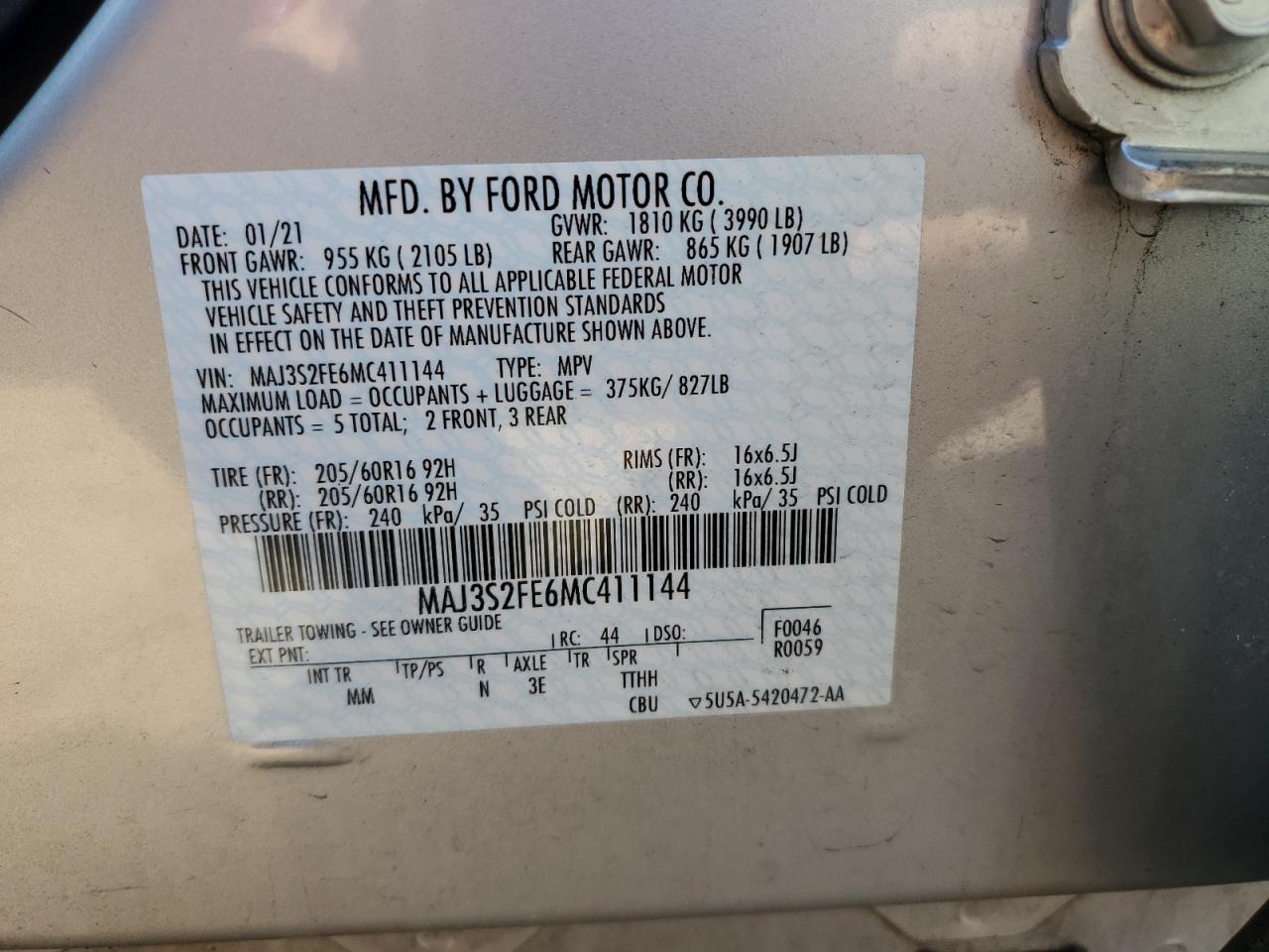 MAJ3S2FE6MC411144 FORD ECOSPORT 2021