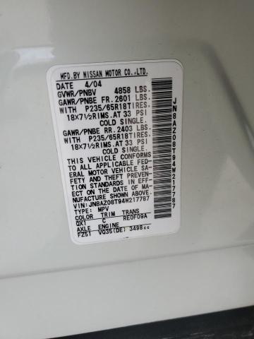 2004 Nissan Murano Sl VIN: JN8AZ08T94W217787 Lot: 43101804