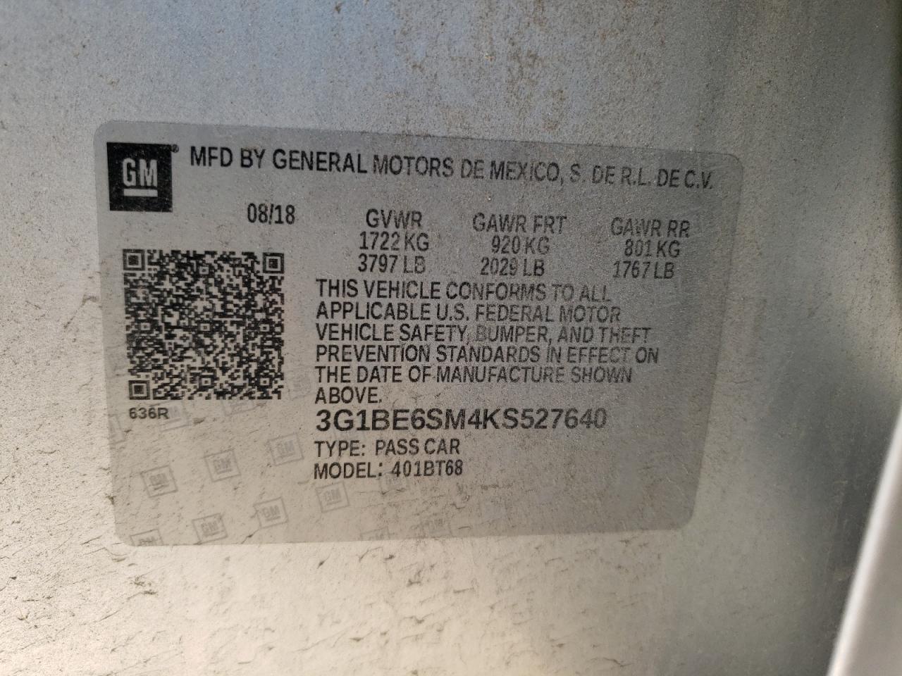3G1BE6SM4KS527640 CHEVROLET CRUZE 2019
