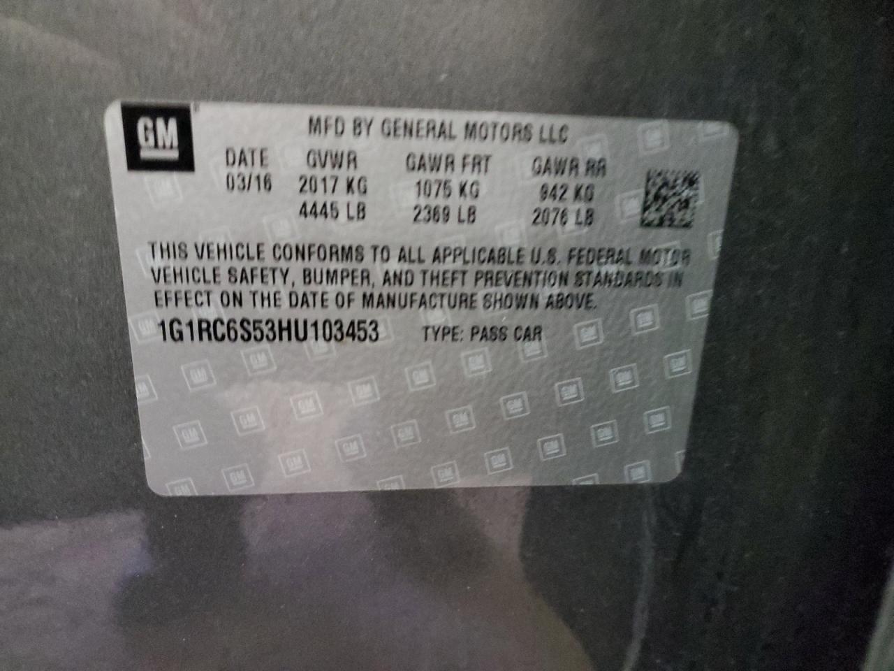 1G1RC6S53HU103453 CHEVROLET VOLT 2017
