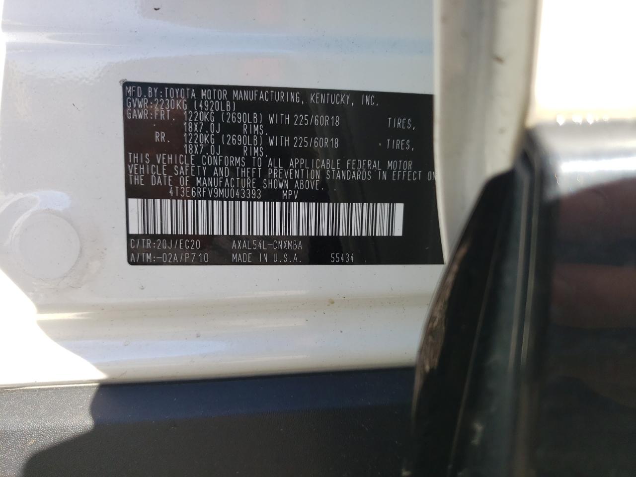 4T3E6RFV9MU043393 TOYOTA RAV4 2021