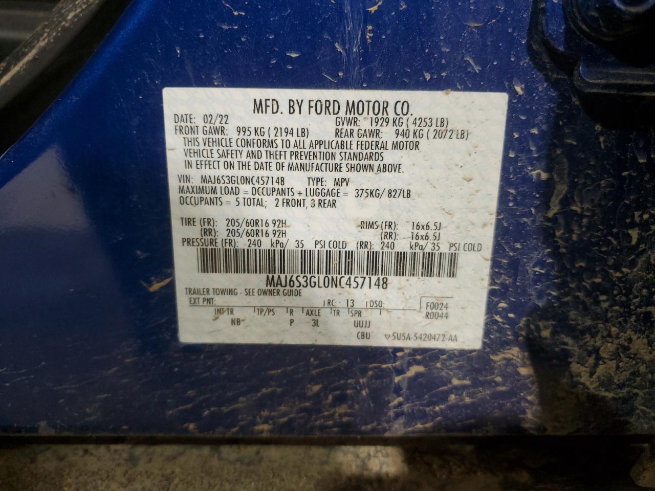 MAJ6S3GL0NC457148 FORD ECOSPORT 2022
