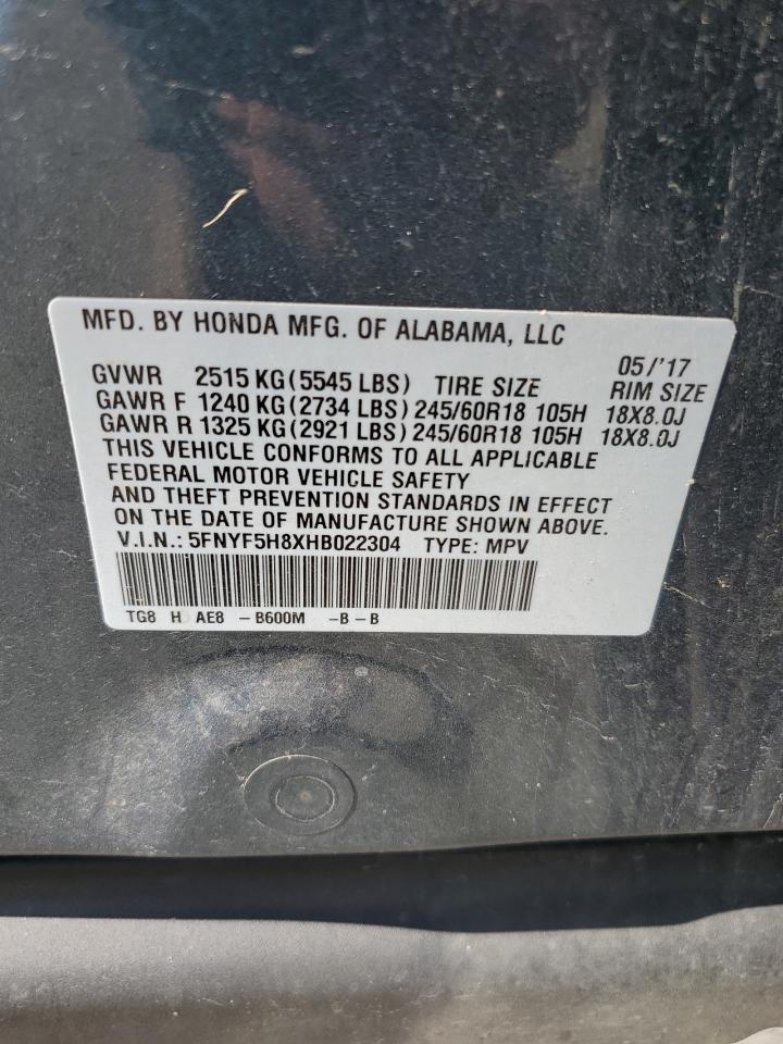5FNYF5H8XHB022304 HONDA PILOT 2017