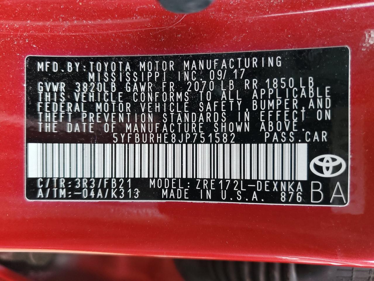5YFBURHE8JP751582 TOYOTA COROLLA 2018