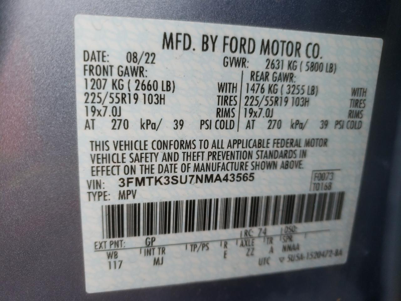 3FMTK3SU7NMA43565 FORD MUSTANG 2022