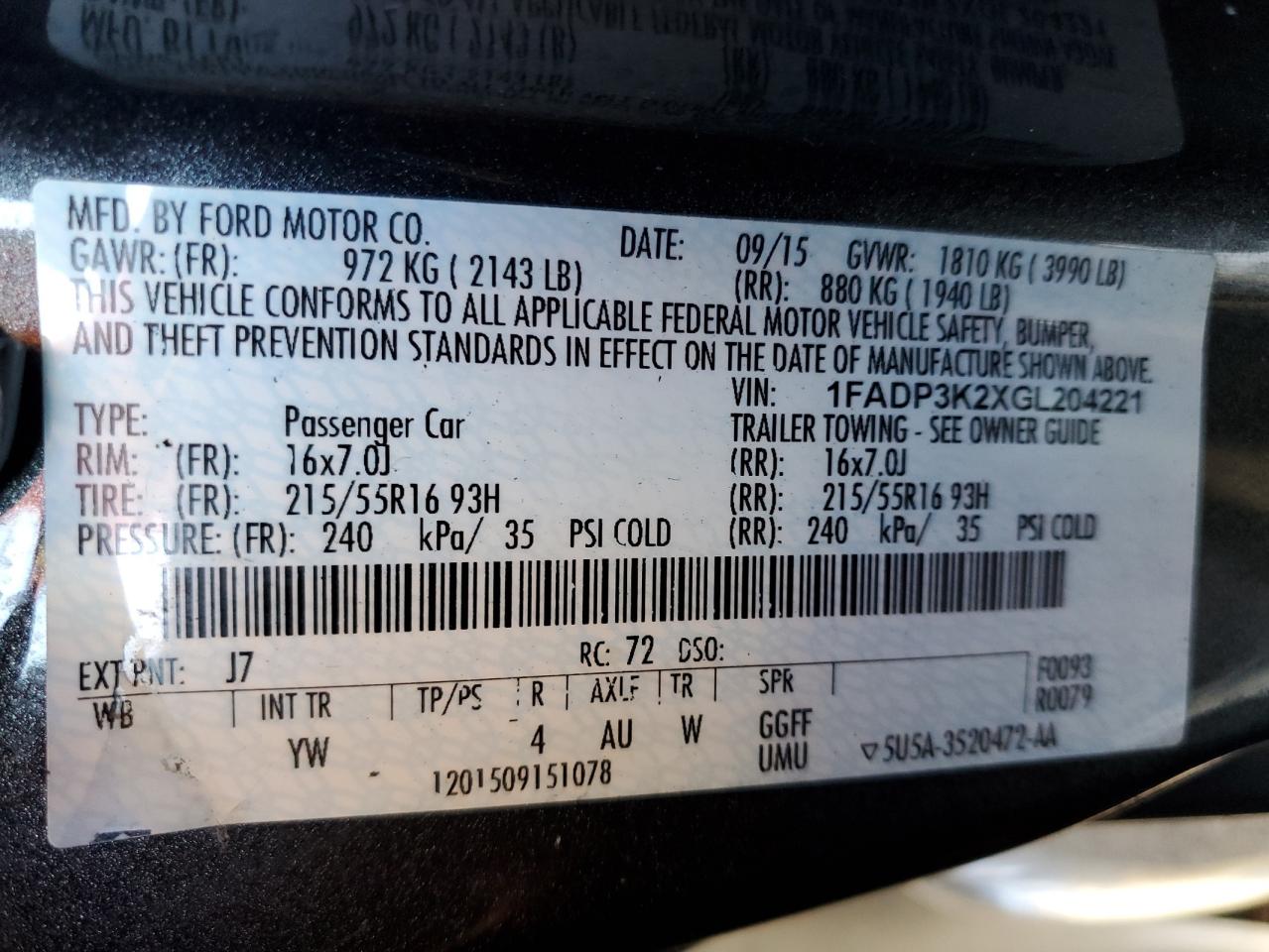 1FADP3K2XGL204221 FORD FOCUS 2016