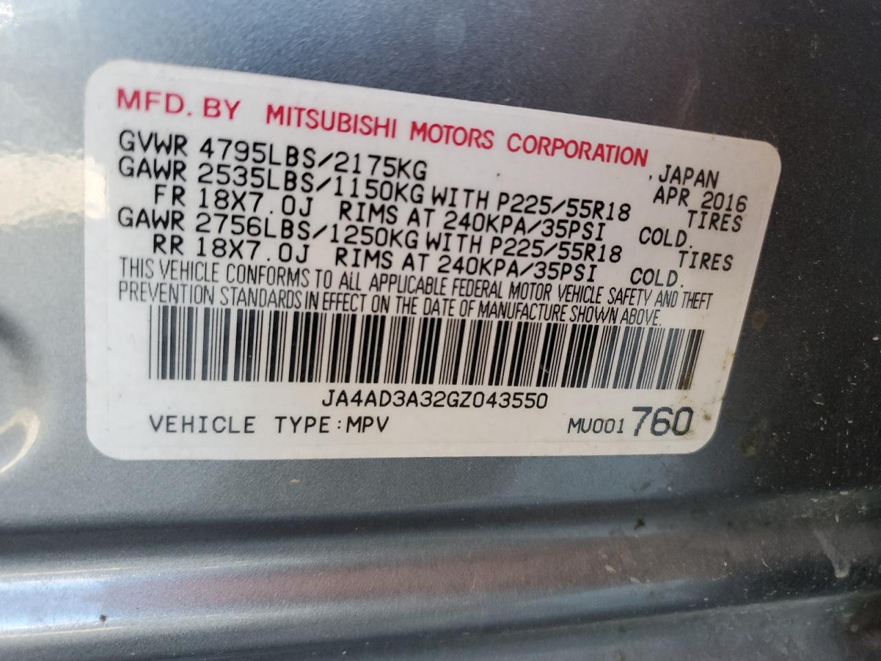 JA4AD3A32GZ043550 2016 Mitsubishi Outlander Se