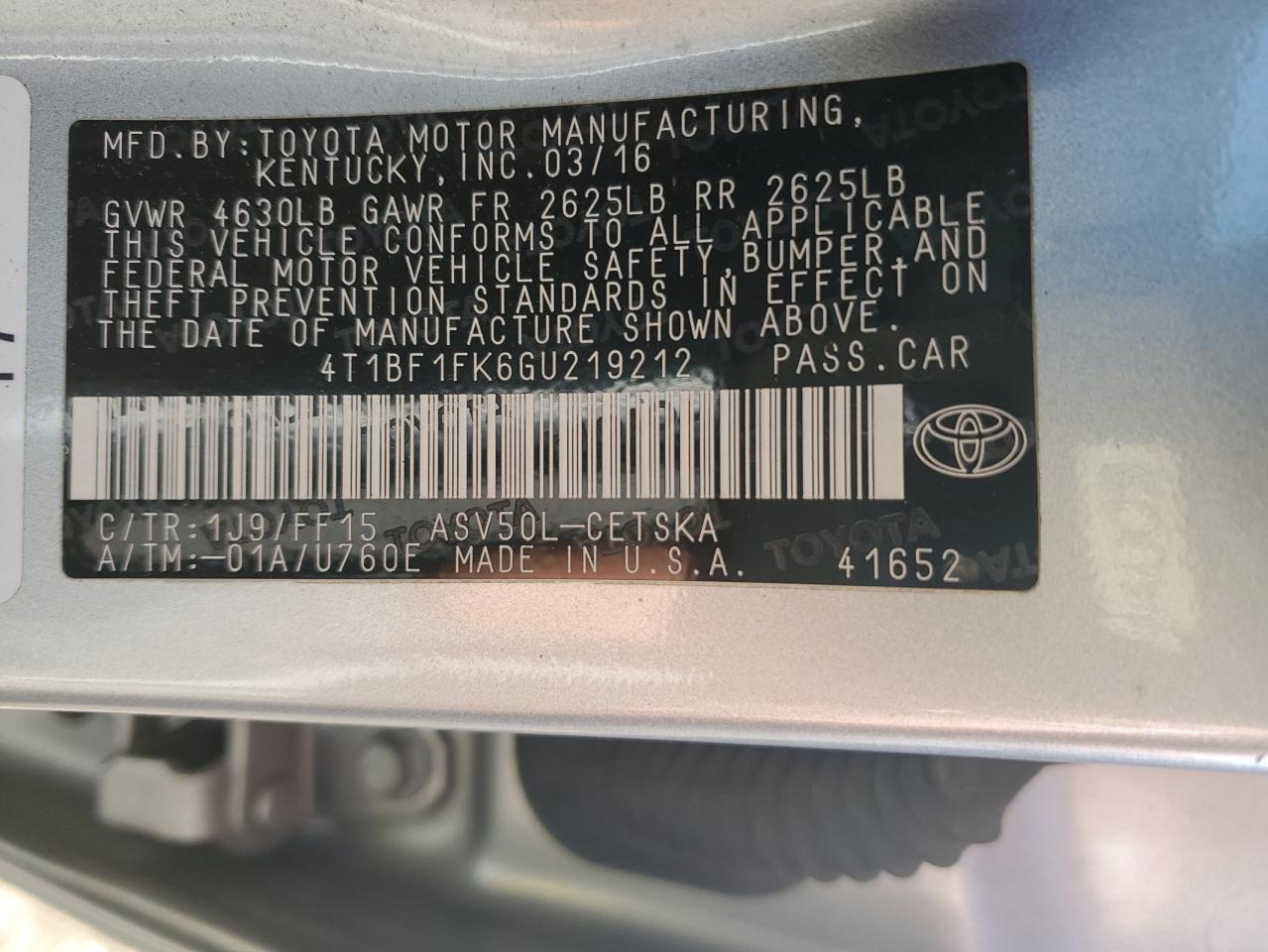 4T1BF1FK6GU219212 TOYOTA CAMRY 2016