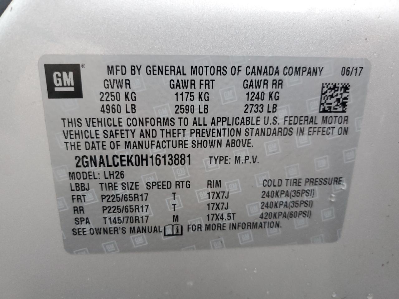 2GNALCEK0H1613881 2017 Chevrolet Equinox Lt