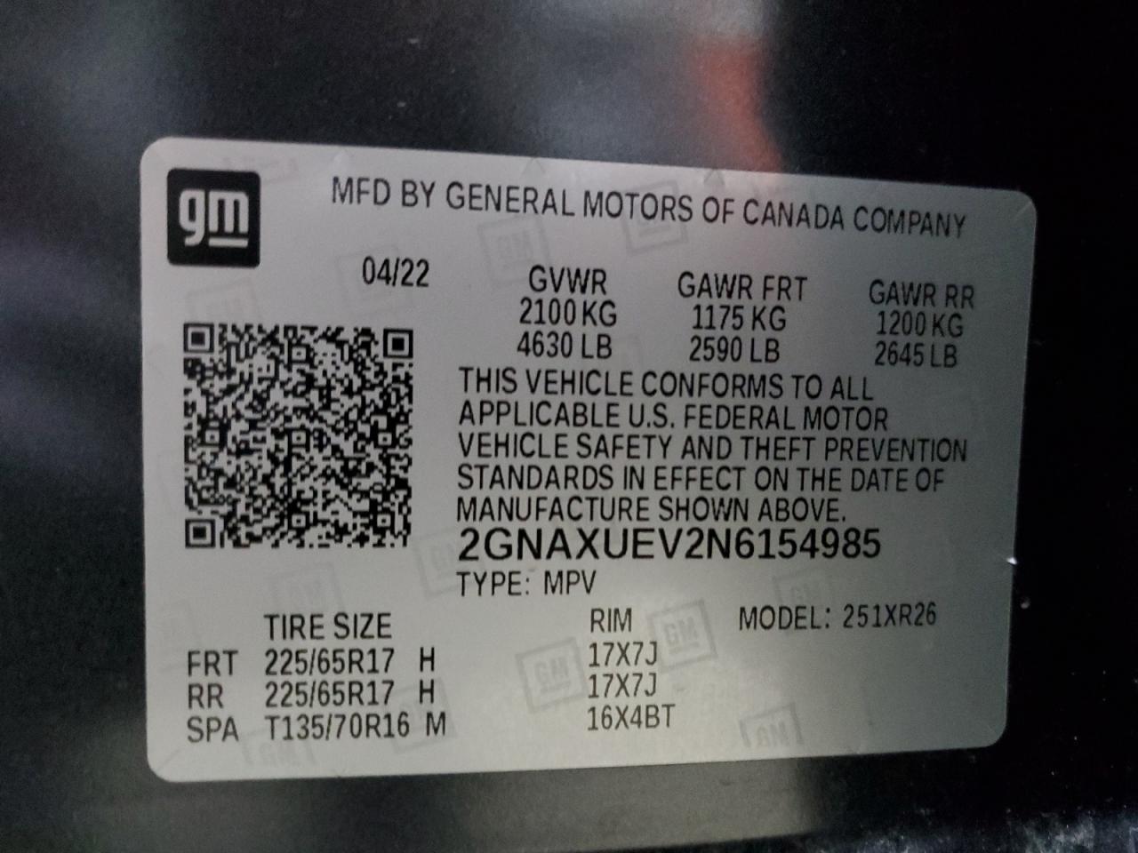 2GNAXUEV2N6154985 CHEVROLET EQUINOX 2022