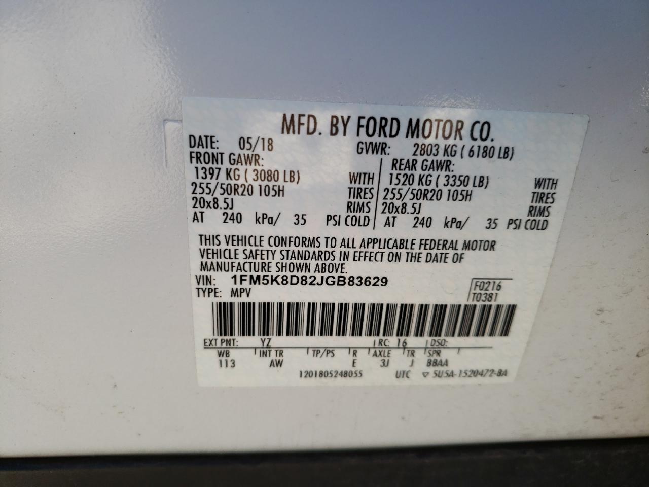 1FM5K8D82JGB83629 FORD EXPLORER 2018