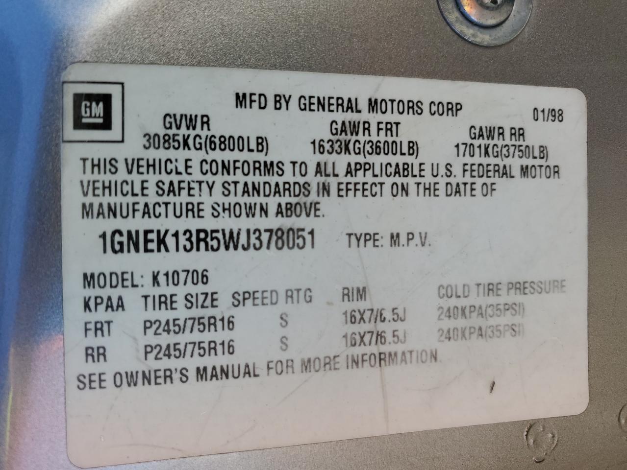 1GNEK13R5WJ378051 1998 Chevrolet Tahoe K1500