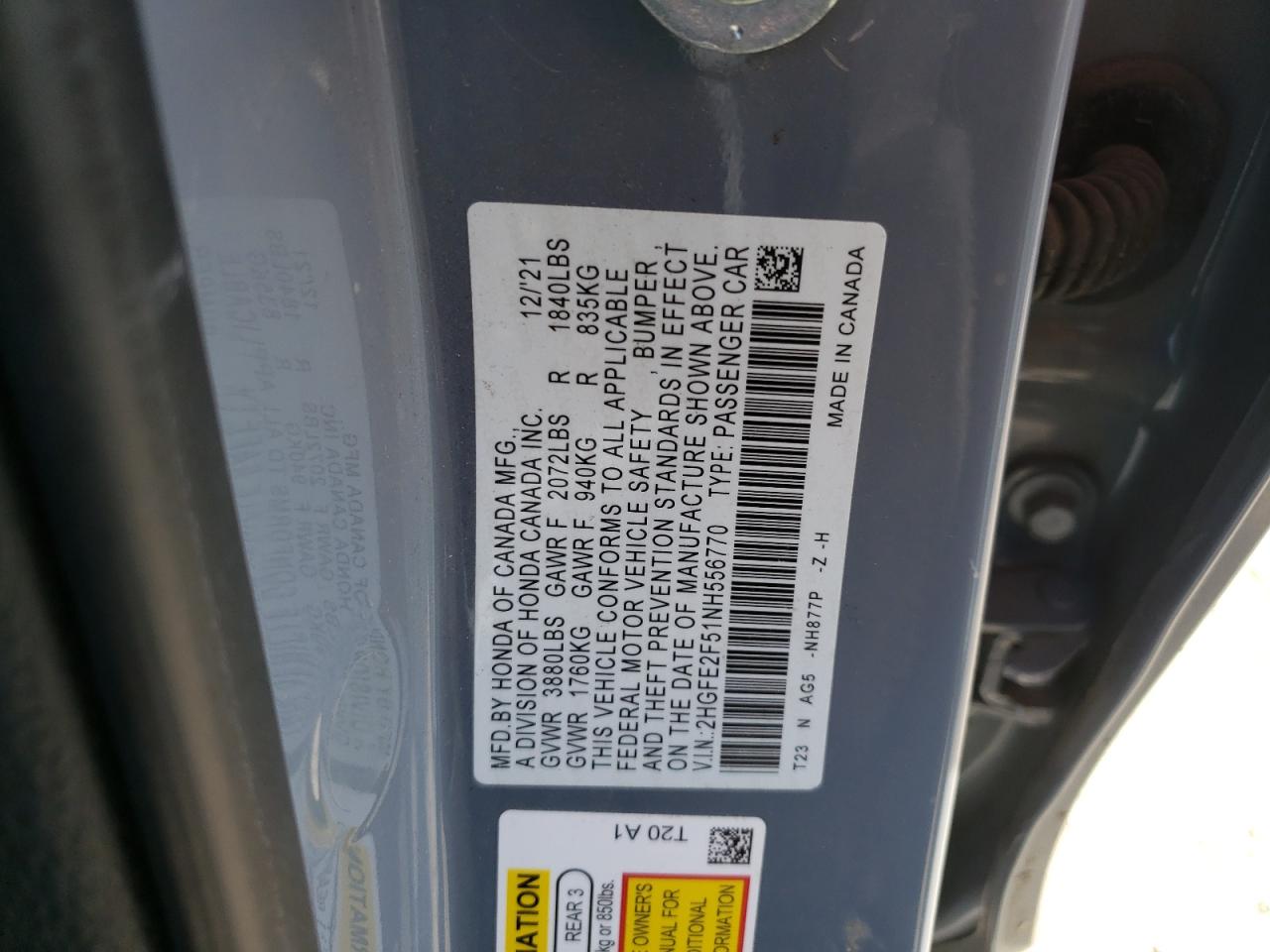 2HGFE2F51NH556770 HONDA CIVIC 2022