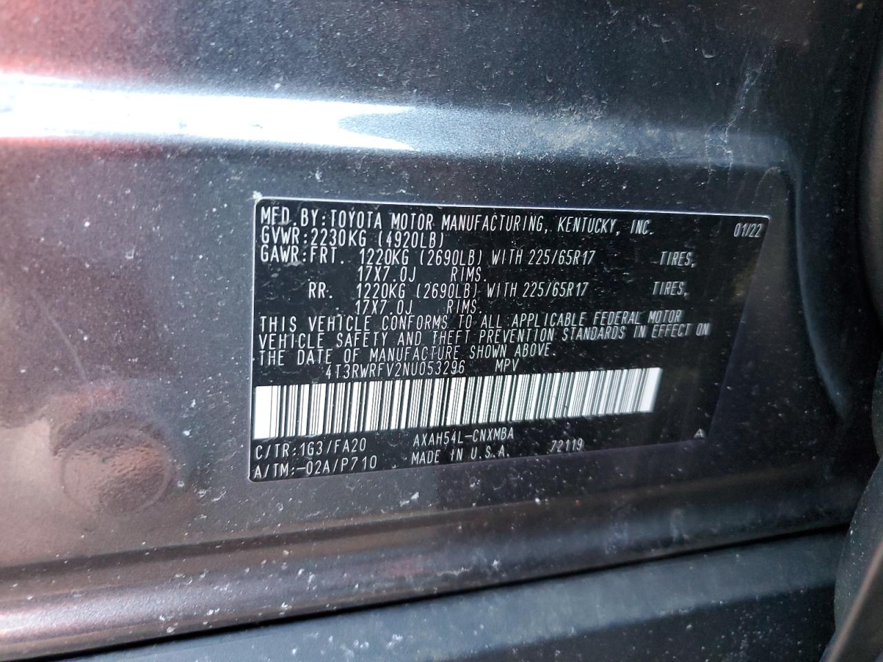 4T3RWRFV2NU053296 TOYOTA RAV4 2022
