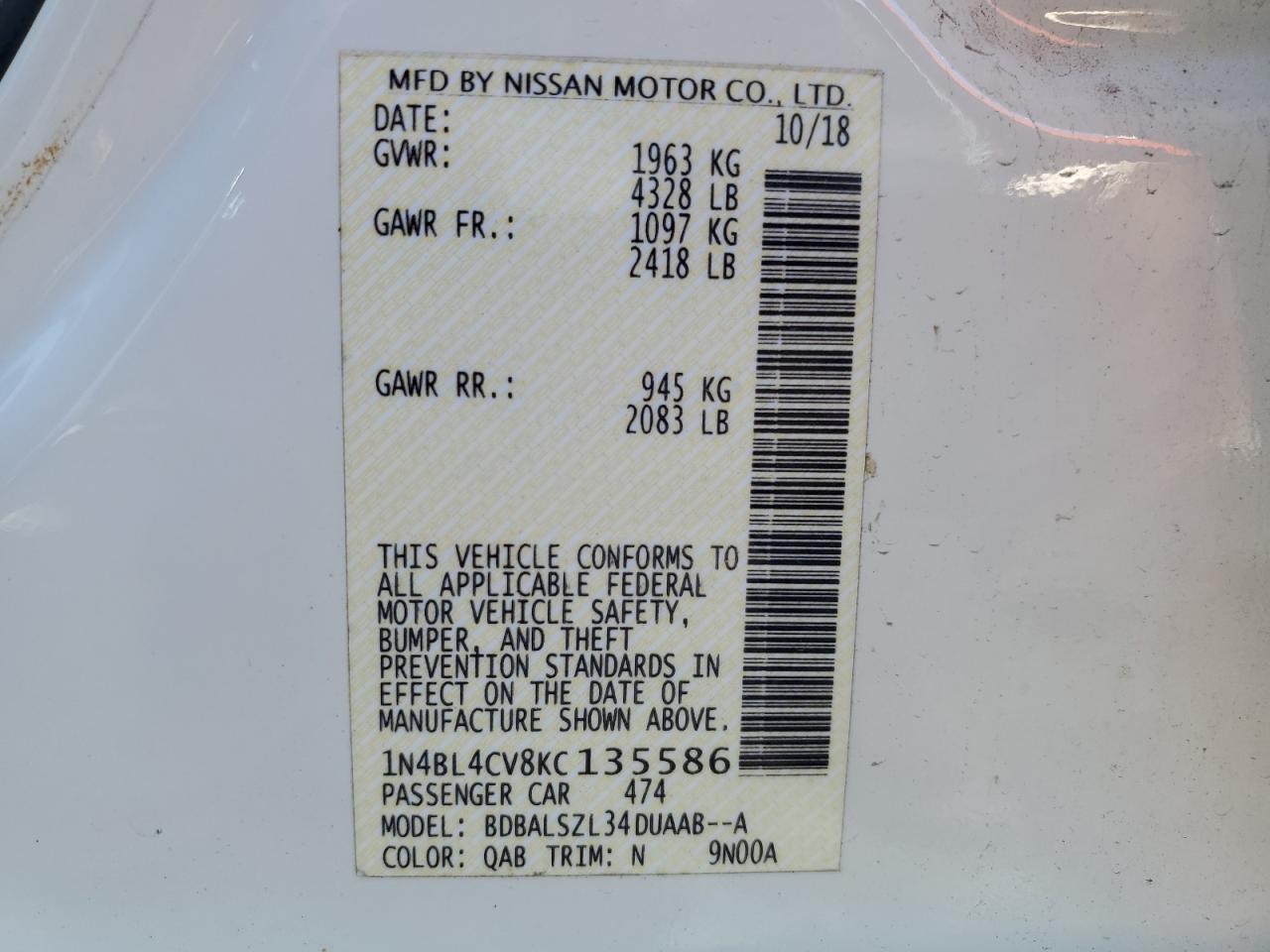1N4BL4CV8KC135586 NISSAN ALTIMA 2019