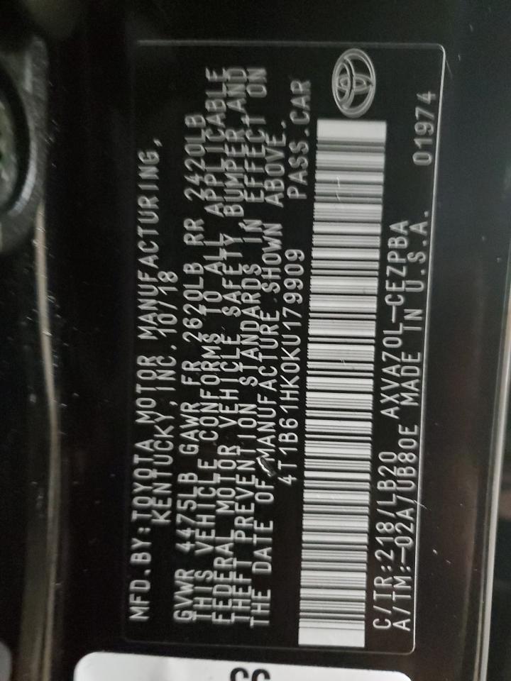 4T1B61HK0KU179909 TOYOTA CAMRY 2019