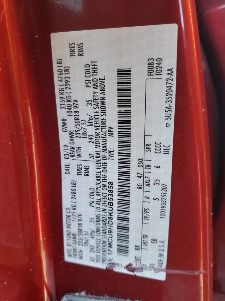 1FMCU9HD8KUB53858 FORD ESCAPE 2019