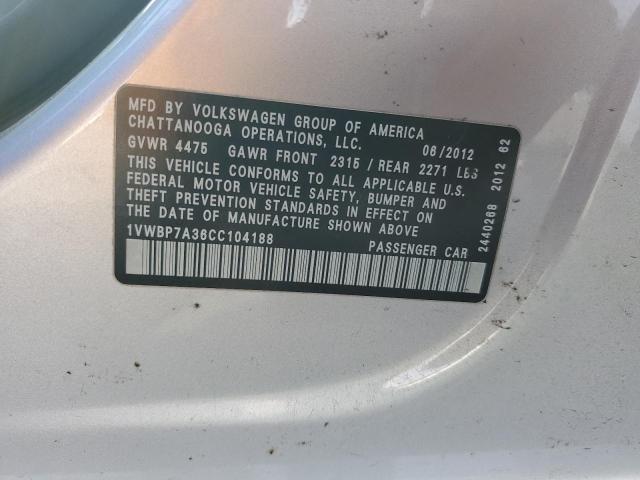 2012 Volkswagen Passat Se VIN: 1VWBP7A36CC104188 Lot: 41652964