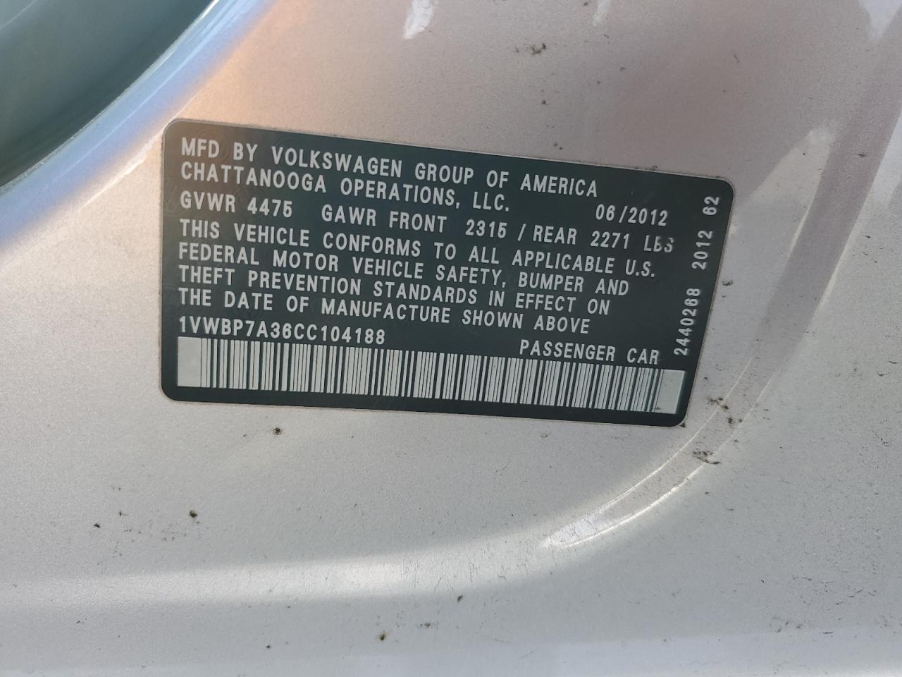 1VWBP7A36CC104188 2012 Volkswagen Passat Se