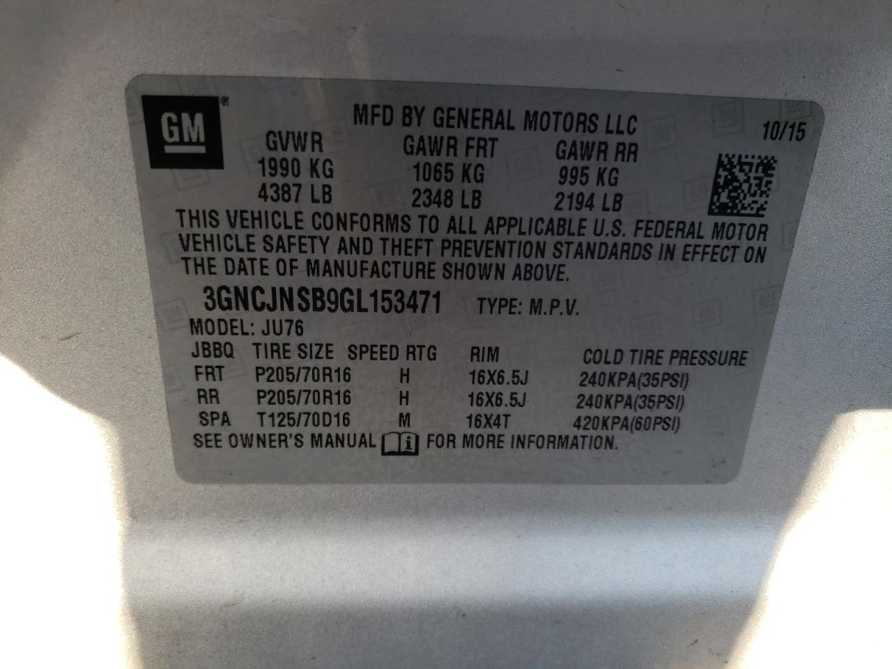 3GNCJNSB9GL153471 CHEVROLET TRAX 2016