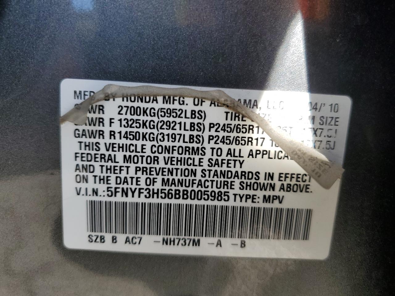 5FNYF3H56BB005985 2011 Honda Pilot Exl