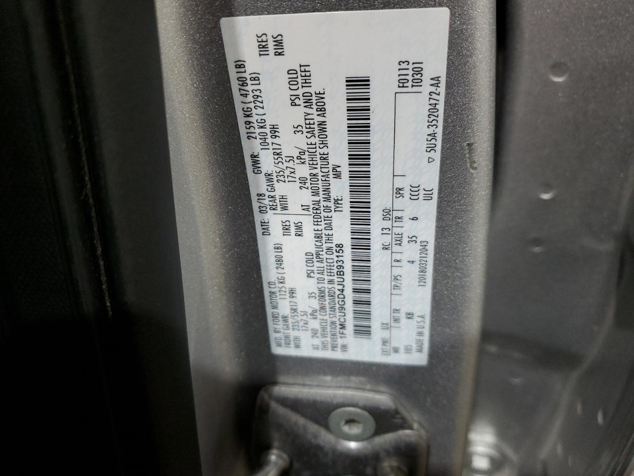 1FMCU9GD4JUB93158 FORD ESCAPE 2018