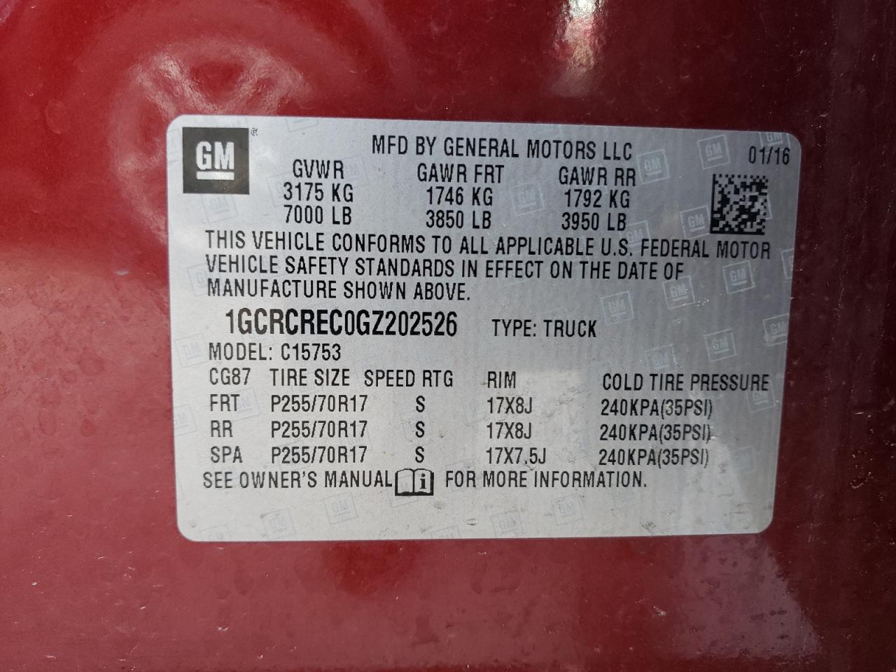 1GCRCREC0GZ202526 CHEVROLET ALL Models 2016