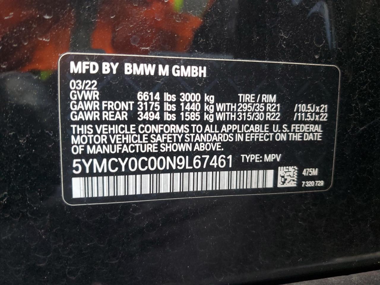 5YMCY0C00N9L67461 2022 BMW X6 M